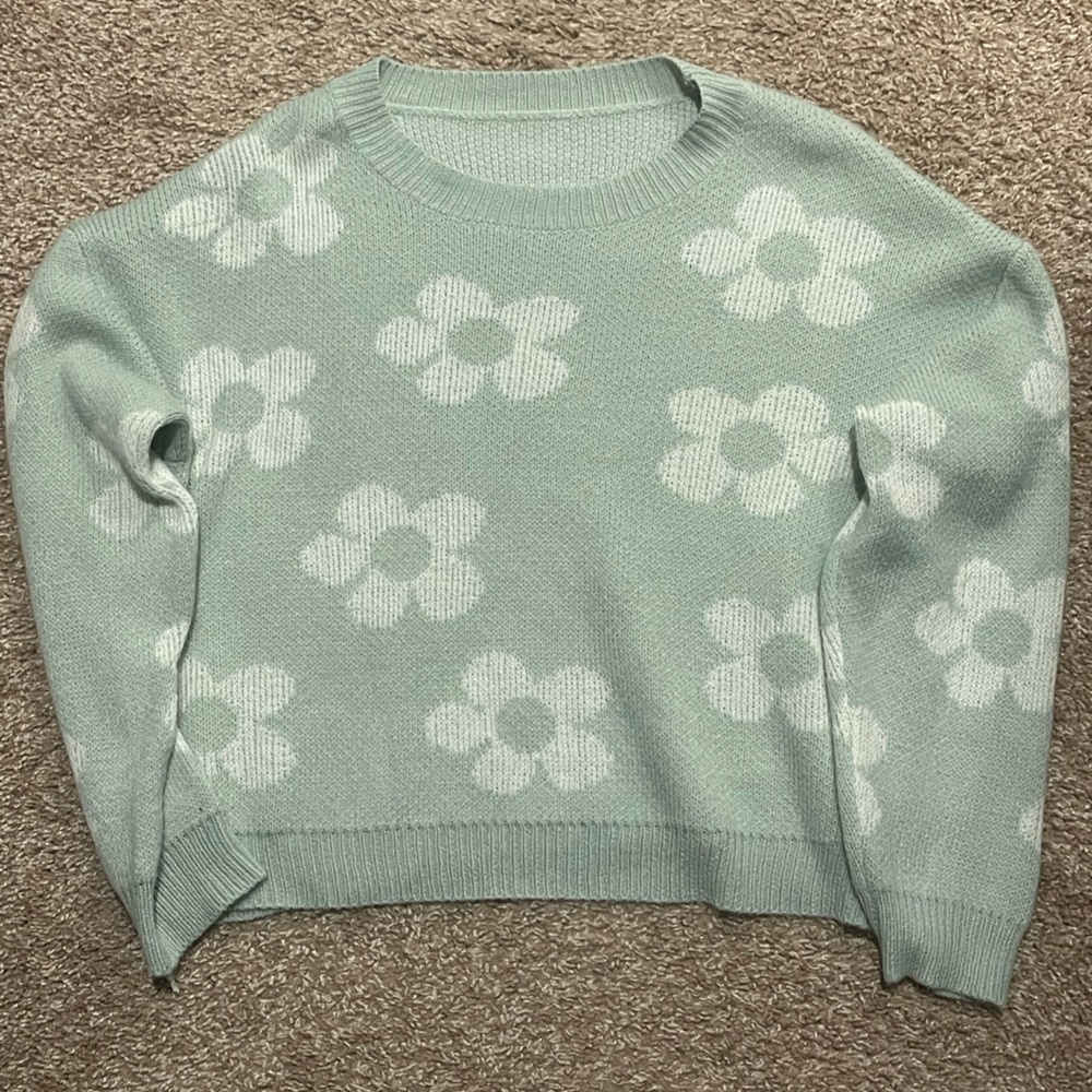 Green knit floral sweater